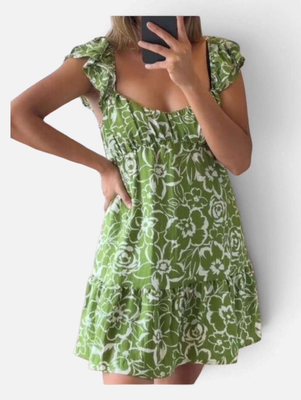 Blu Pepper Babydoll Green Floral Ruffle Boho Milkmaid Mini Dress Size Large